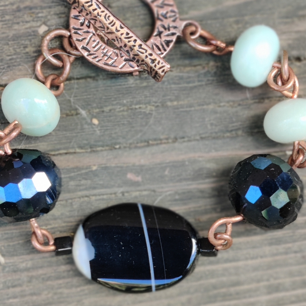 🔥 Vintage Copper Black Banded Agate,Jade And Faceted Black Onyx Bracelet - Picture 2 of 8